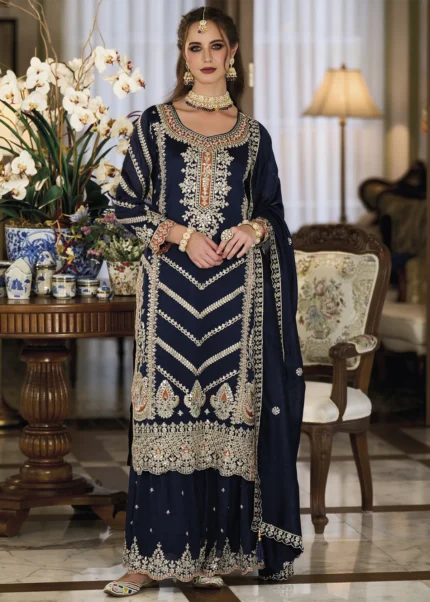 Embroidered Navy Blue Silk Sharara Suit