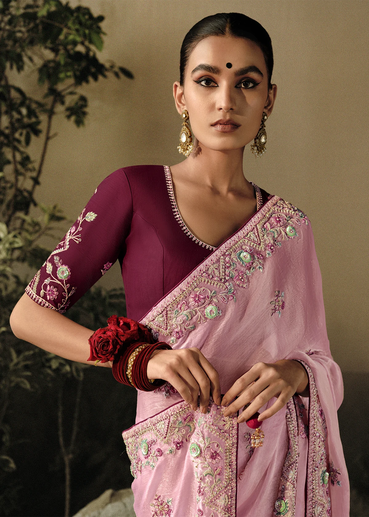 Flamingo Pink Embroidered Tissue Silk Saree - Urban Womania