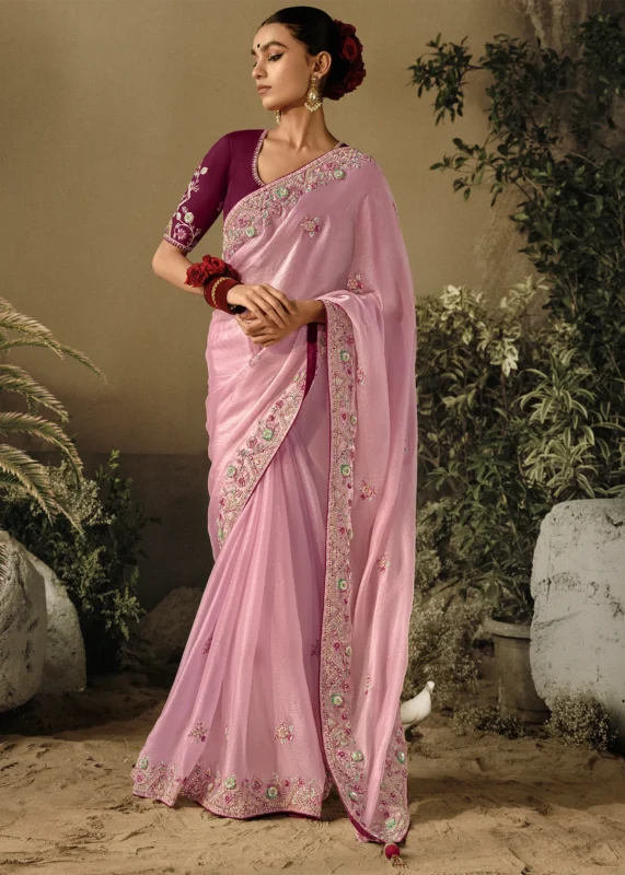 Flamingo Pink Embroidered Dola Silk Saree