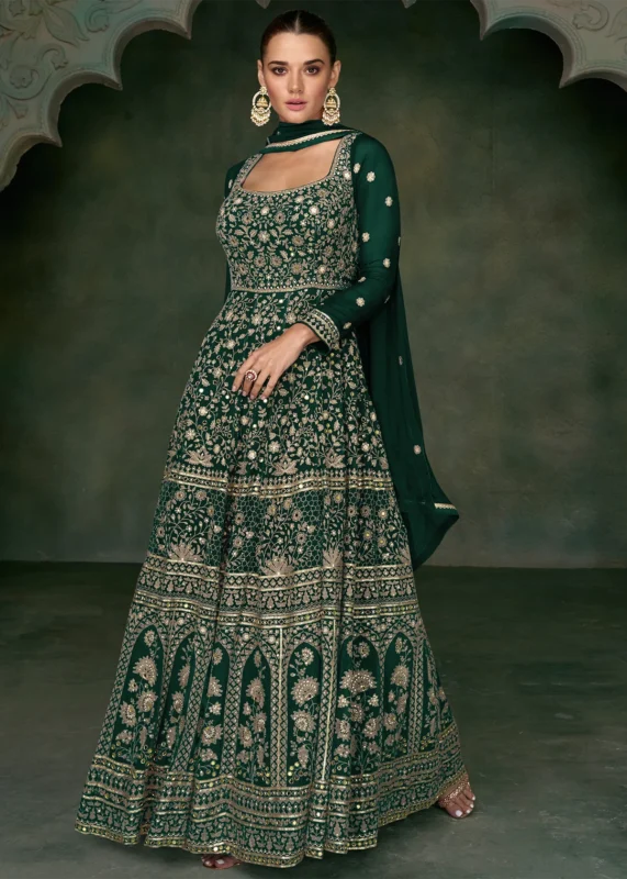 Forest Green Georgette Anarkali Gown with Heavy Embroidery