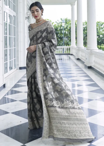 Fossil Gray Lucknowi Chikankari Cotton Silk Saree