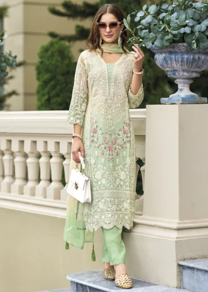 Green Organza Suit with Embroidery Work