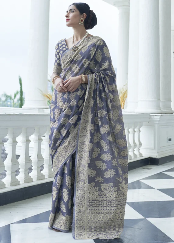 Greyish Blue Lucknowi Chikankari Cotton Silk Saree