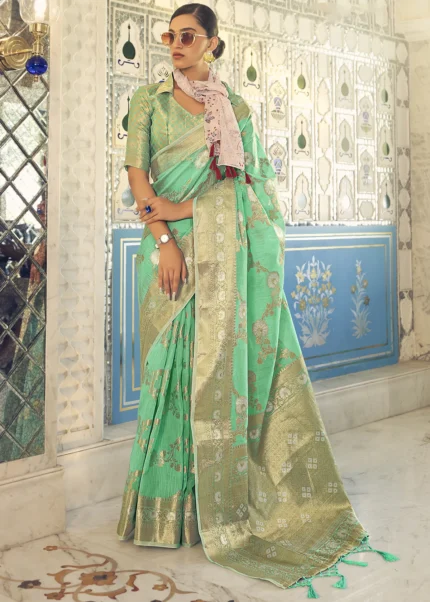 Jade Green Woven Linen Silk Saree