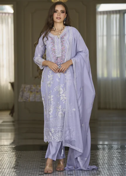 Lavender Organza Suit with Embroidery Work