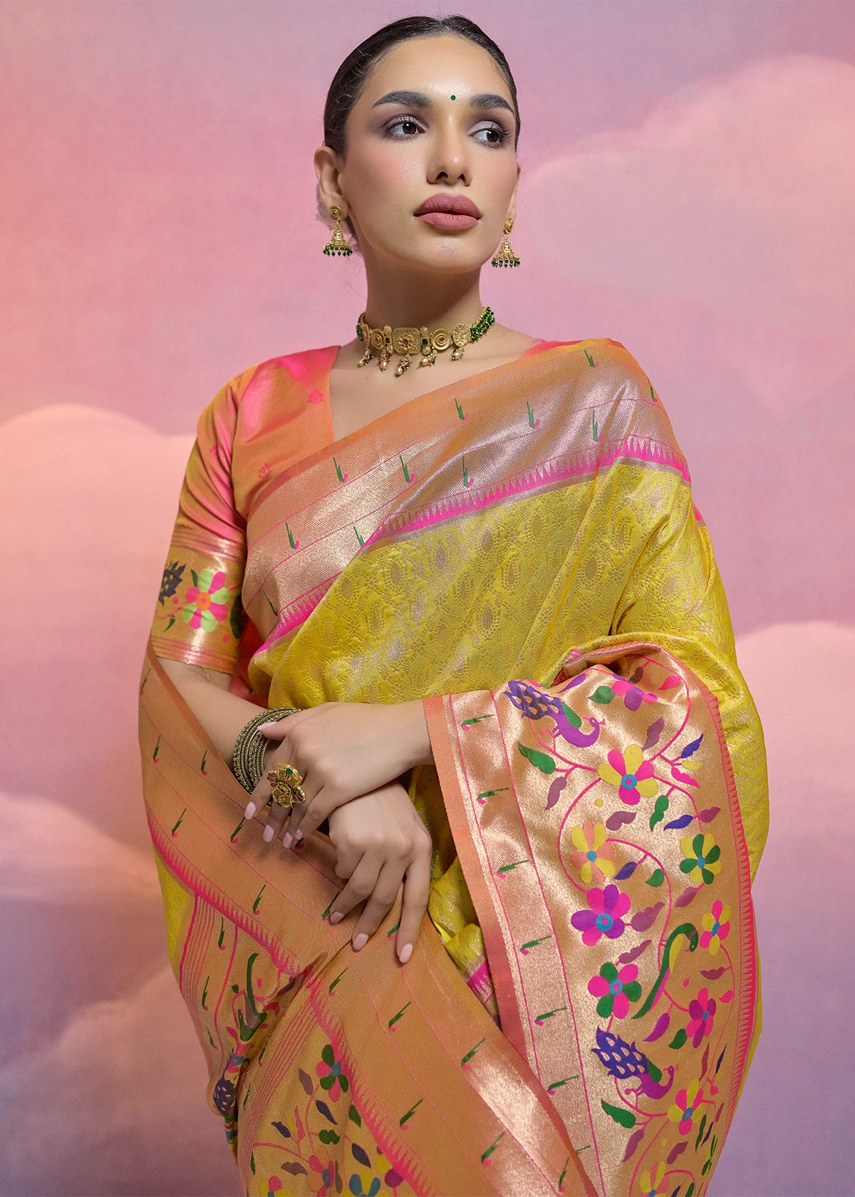 Lemon Yellow Paithani Art Silk Saree