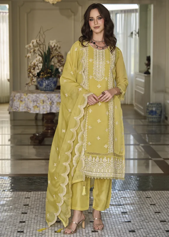 Lime Yellow Organza Suit with Embroidery Work