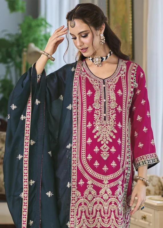 Magenta and Blue Silk Suit with Embroidery Work