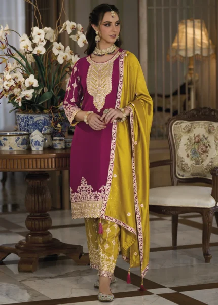 Magenta and Mustard Silk Suit with Embroidery Work