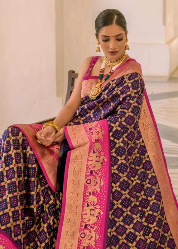 Navy Blue and Pink Banarasi Silk Saree