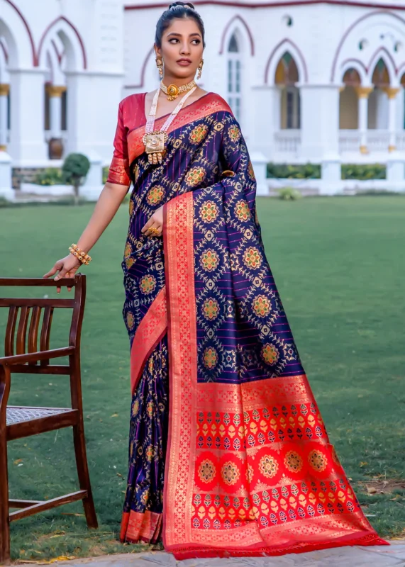 Navy Blue and Red Patola Silk Saree