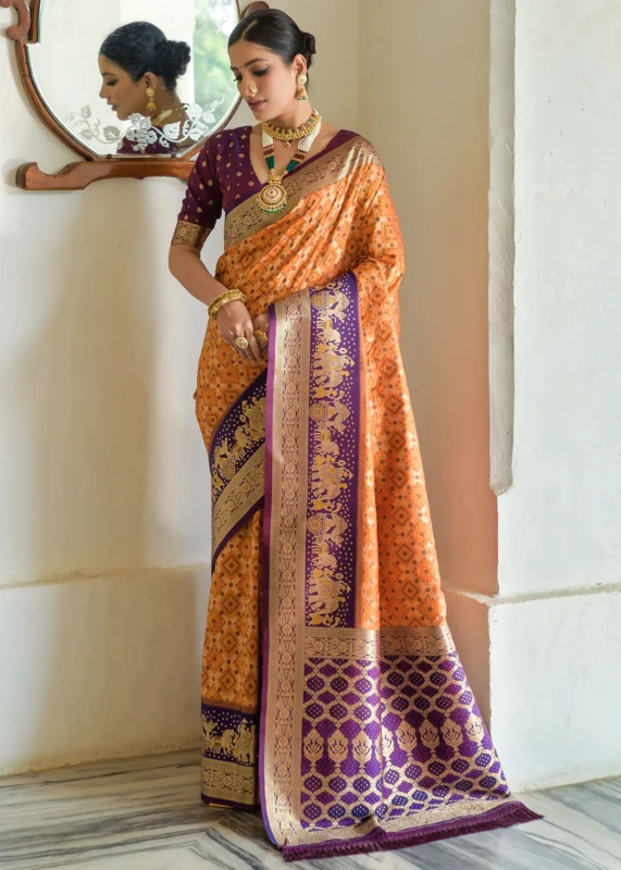 Orange and Purple Banarasi Silk Saree