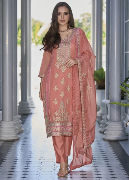 Peach Organza Suit with Embroidery Work