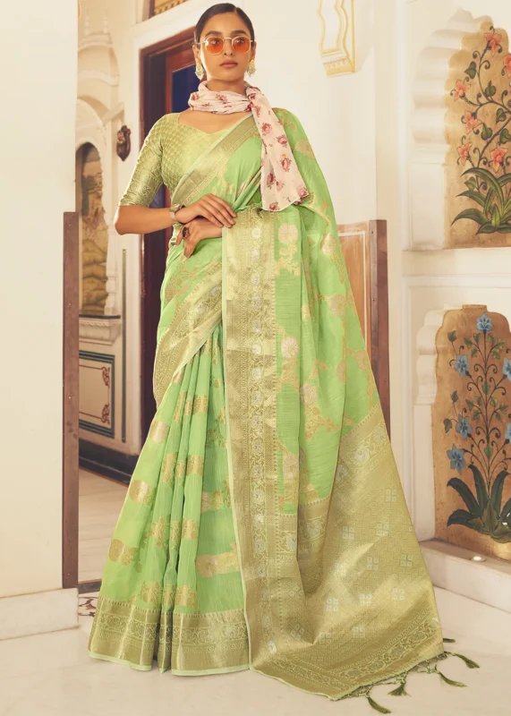 Pista Green Woven Linen Silk Saree