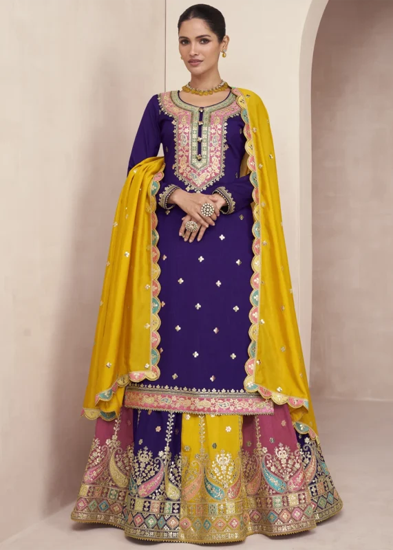 Purple Embroidered Silk Lehenga Suit