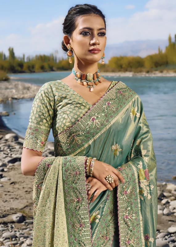 Sea Green Banarasi Saree with Embroidery Work