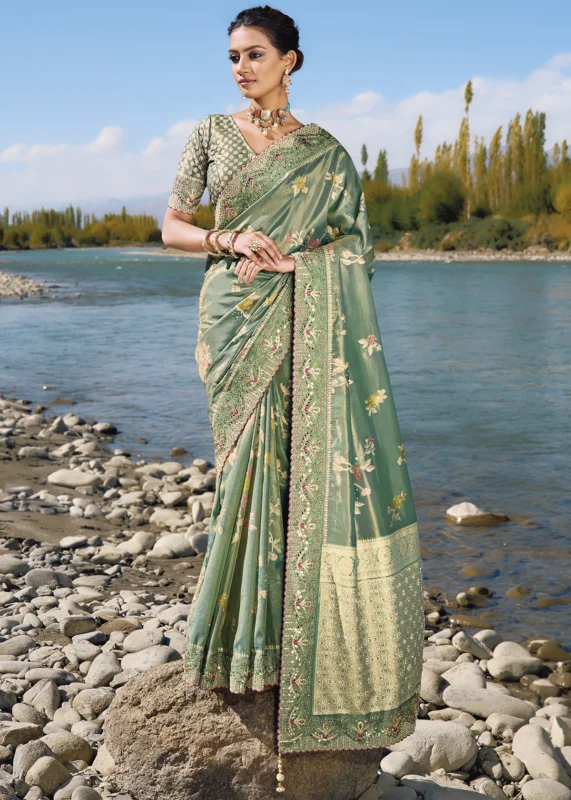 Sea Green Banarasi Saree with Embroidery Work