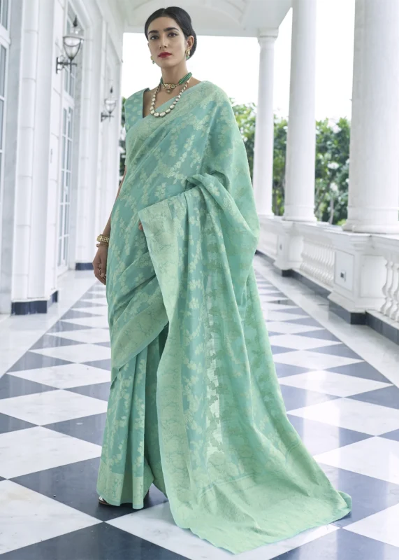 Sea Green Lucknowi Chikankari Cotton Silk Saree