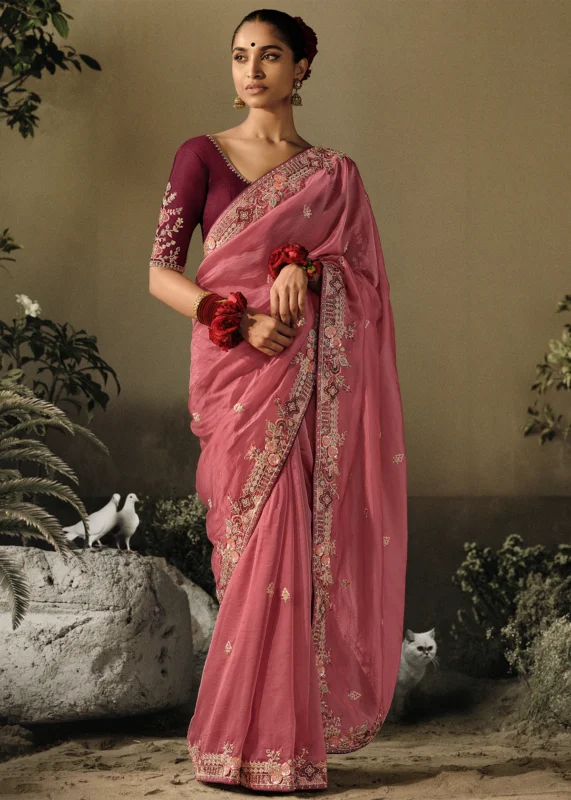 Watermelon Pink Embroidered Dola Silk Saree