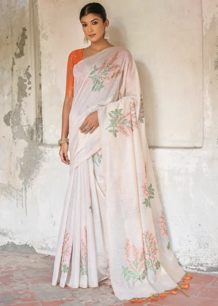 White and Orange Muga Cotton Woven Saree