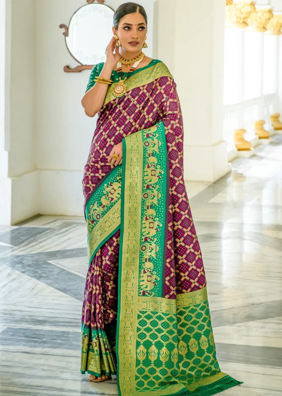 Wine and Green Banarasi Silk Saree