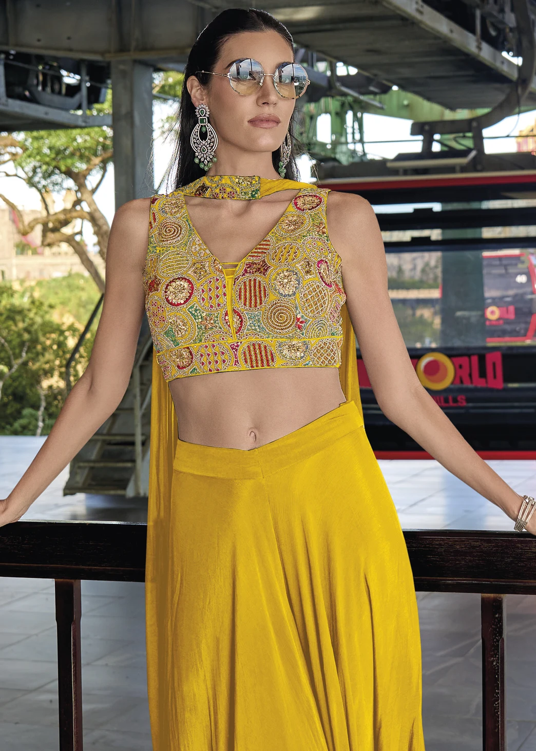 Mehendi Green Crop Top & Mustard Yellow Printed Palazzo Set for