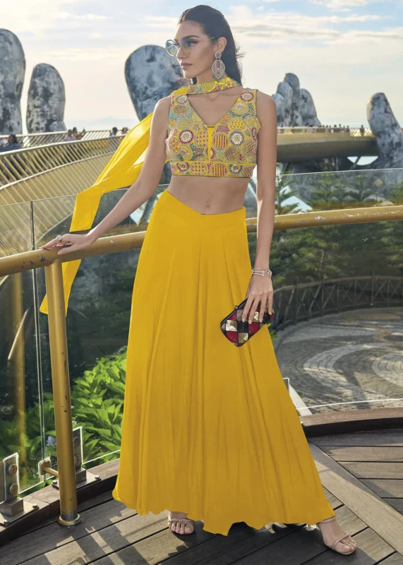 Yellow Crop Top & Palazzo Set with Dupatta