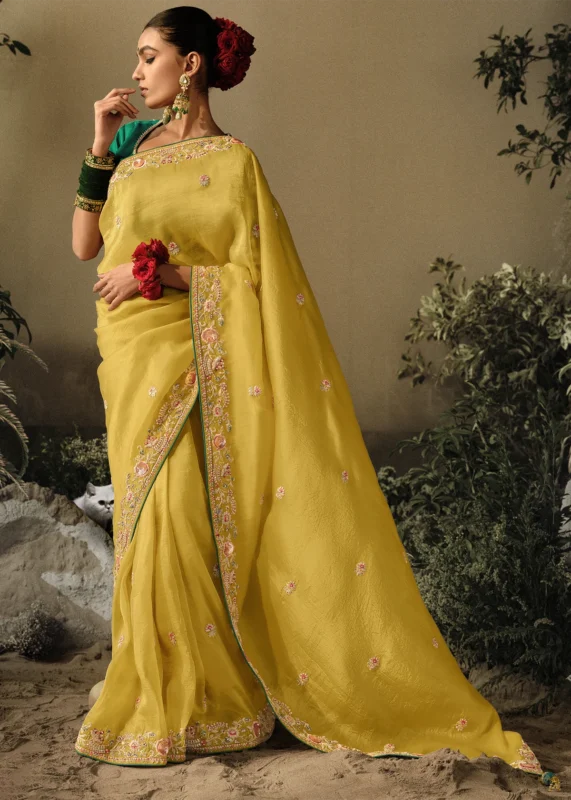 Yellow Embroidered Dola Silk Saree