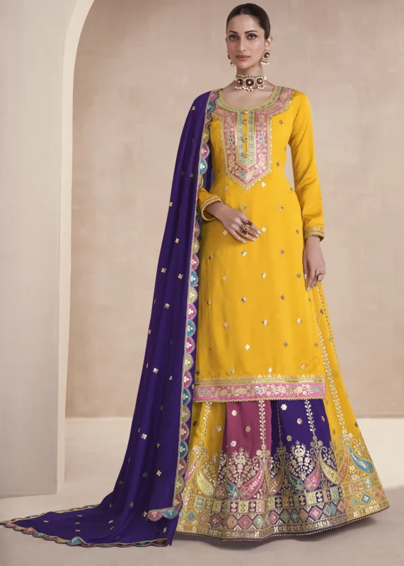 Yellow Embroidered Silk Lehenga Suit