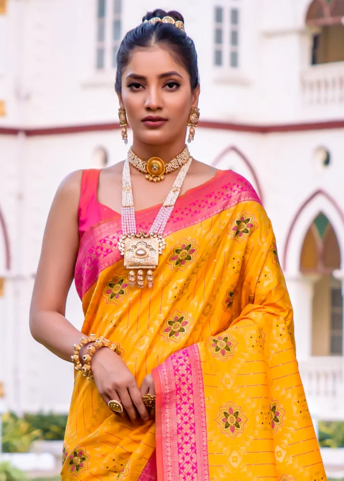 Yellow and Pink Patola Silk Saree - Urban Womania