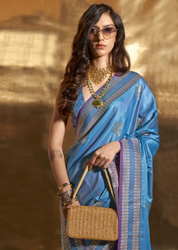 Azure Blue Banarasi Satin Silk Saree