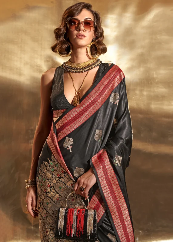 Black Banarasi Satin Silk Saree