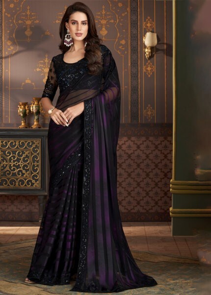 Black and Purple Embroidered Georgette Brasso Saree