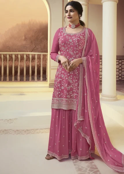 Cerise Pink Chinon Embroidered Sharara Suit