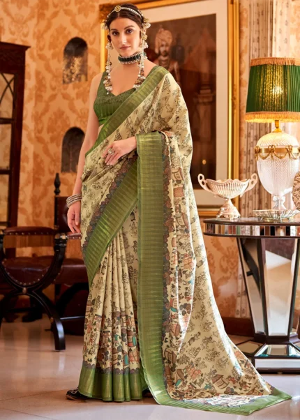 Cream and Olive Green Silk Saree with Tribal Print