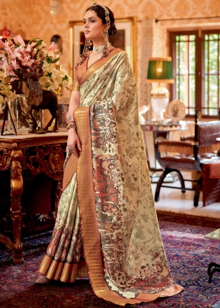 Cream and Orange Silk Saree with Tribal Print