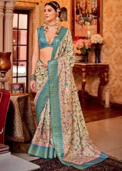 Cream and Turquoise Silk Saree with Tribal Print