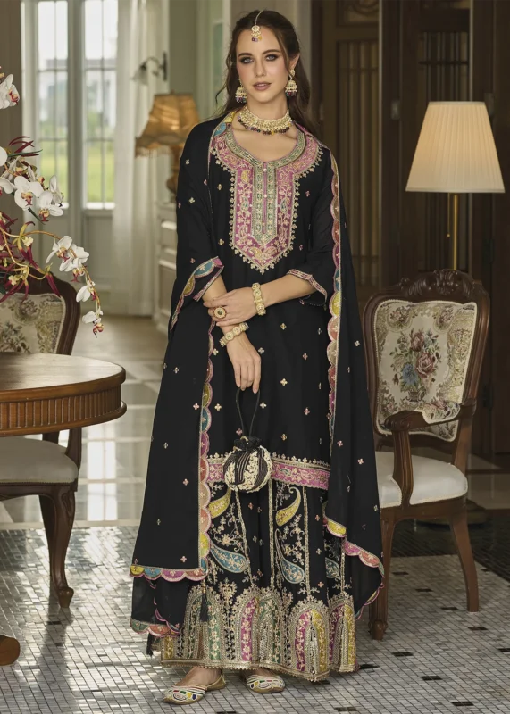 Embroidered Black Chinon Silk Sharara Suit