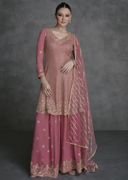 Embroidered Coral Peach Georgette Sharara Suit