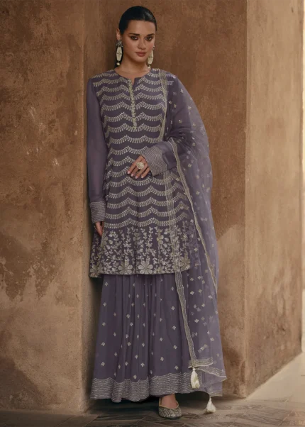 Embroidered Mauve Georgette Gharara Suit