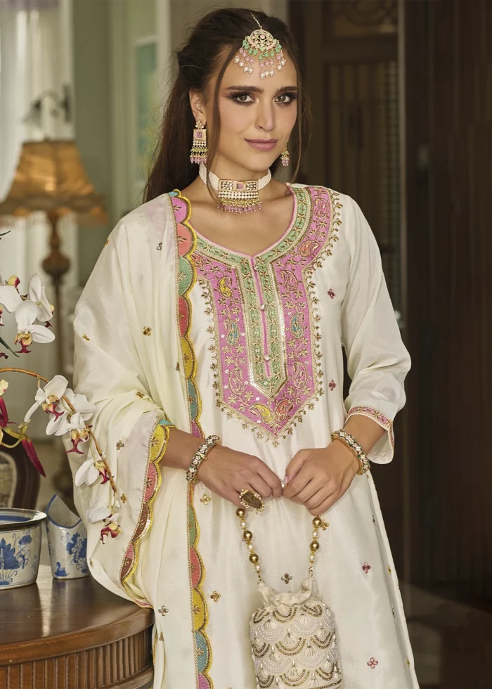 Embroidered Off White Chinon Silk Sharara Suit