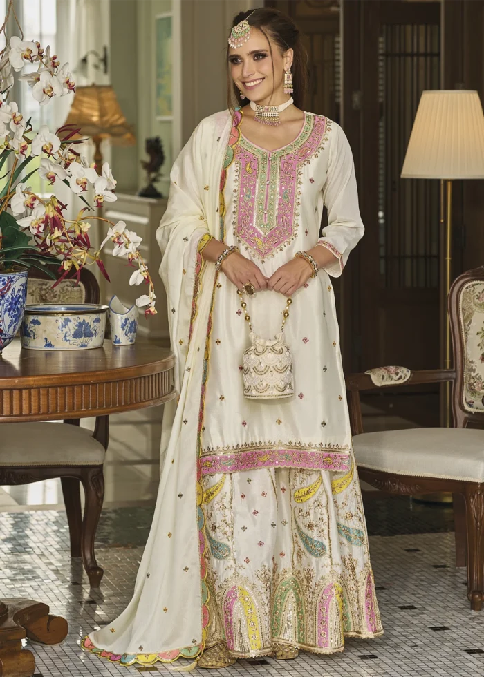 Embroidered Off White Chinon Silk Sharara Suit