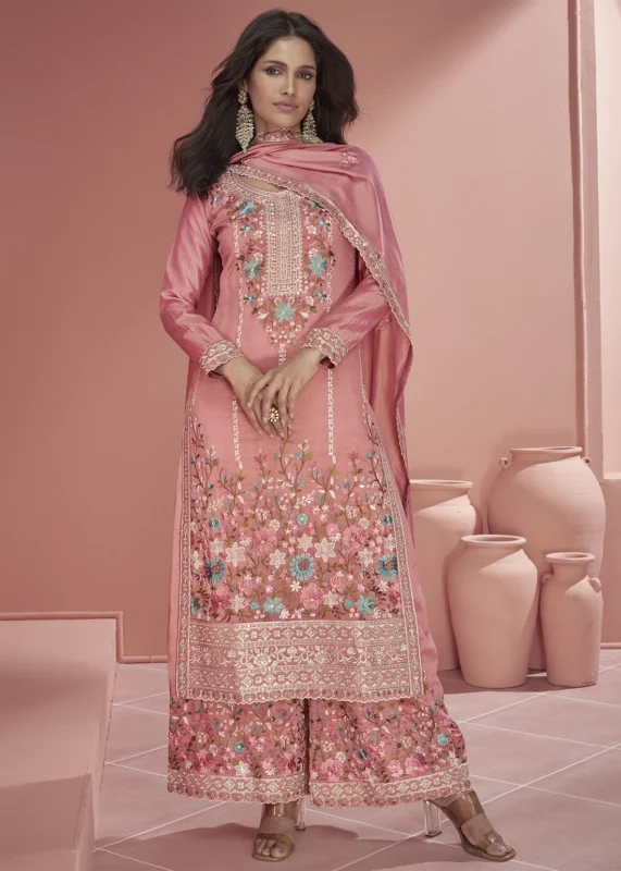 Embroidered Pink Organza Silk Palazzo Suit