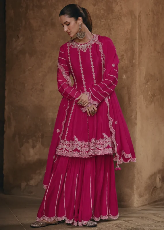 Embroidered Rani Pink Chinon Silk Sharara Suit