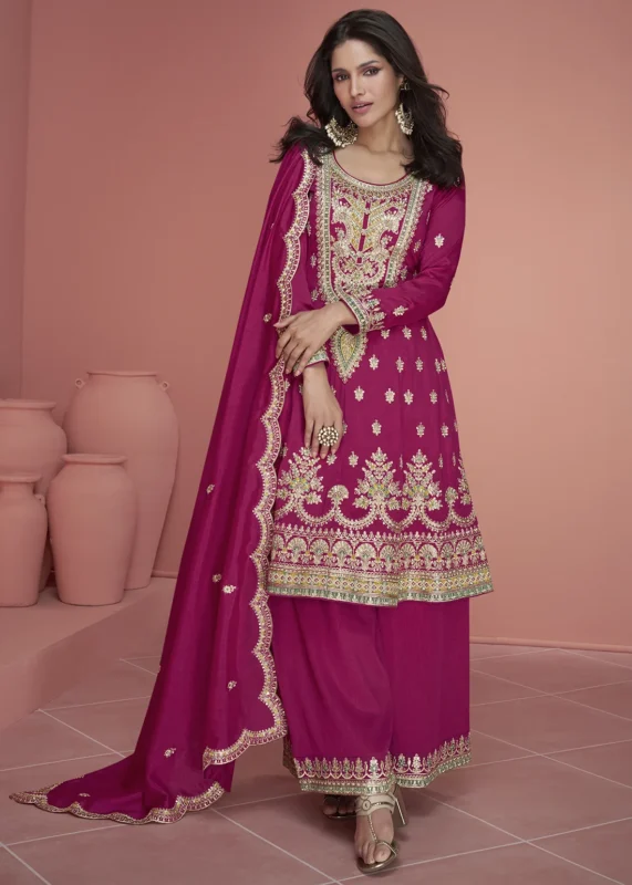 Embroidered Rani Pink Silk Palazzo Suit