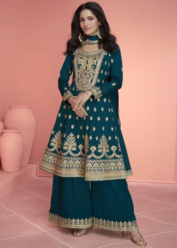 Embroidered Teal Blue Silk Palazzo Suit