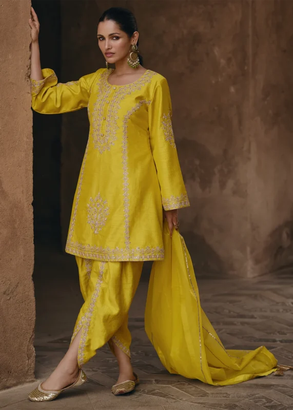 Embroidered Yellow Silk Dhoti Suit