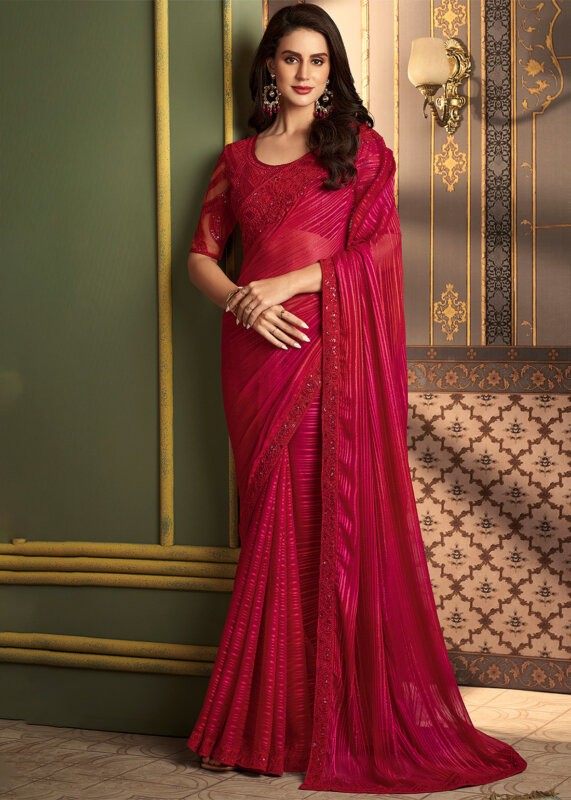 Fuchsia Embroidered Georgette Brasso Saree