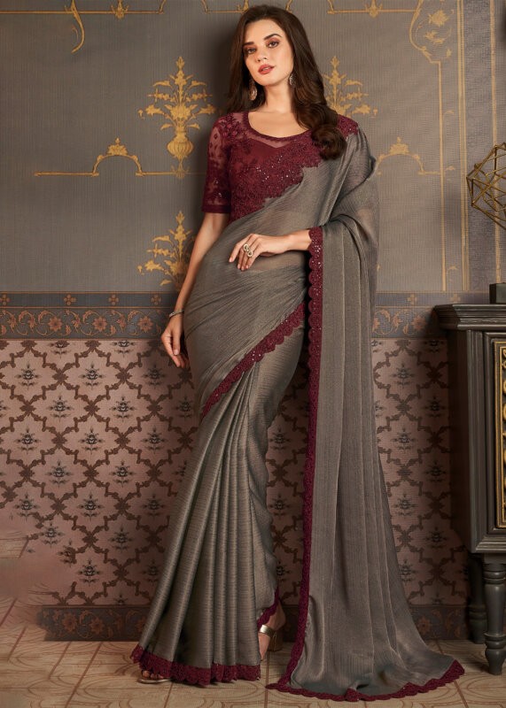 Gray Embroidered Georgette Saree