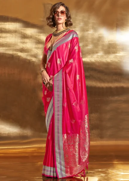 Hot Pink Banarasi Satin Silk Saree